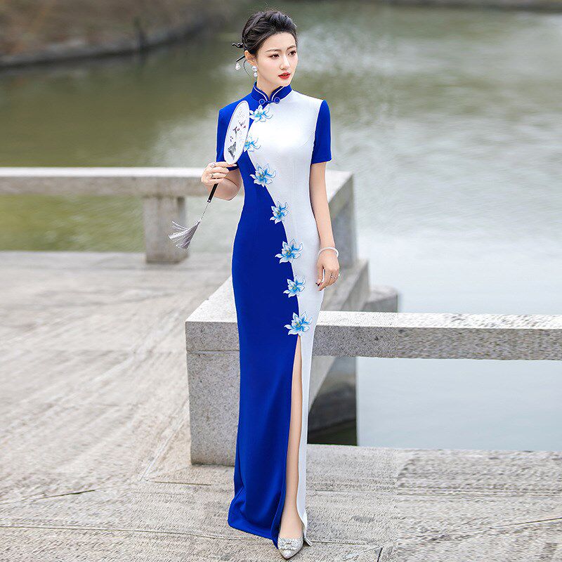 速发走秀旗袍优雅高端气质年轻款舞台演出服高弹力复古长款春