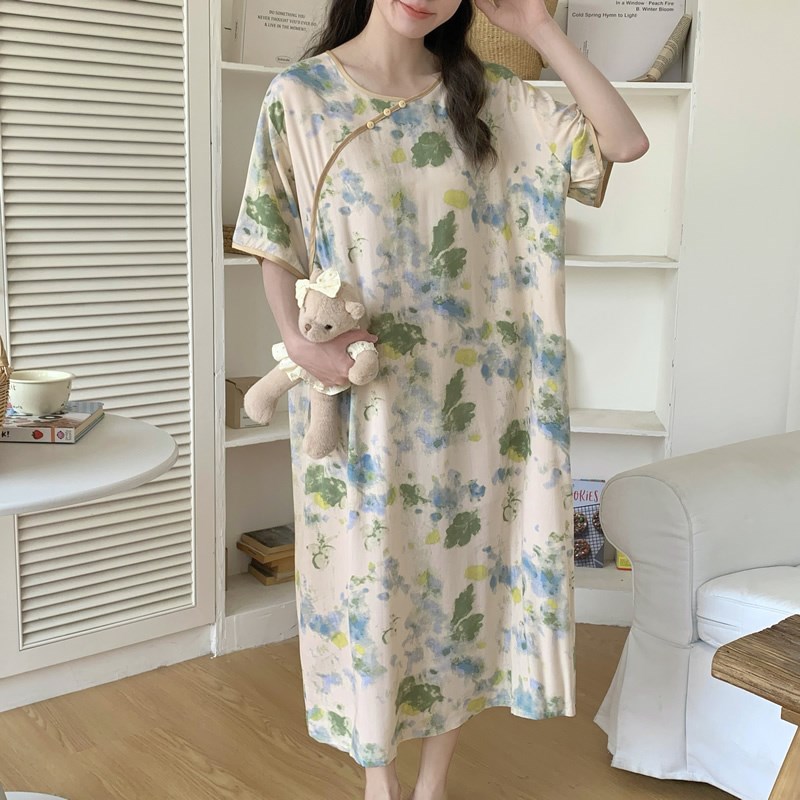 速发棉绸睡裙中式国风洋装旗袍式睡衣系龄宽松大尺码长版家居服