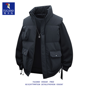 啄木鸟新款秋冬立领工装羽绒服马甲男士潮牌加厚背心棉服外套男款