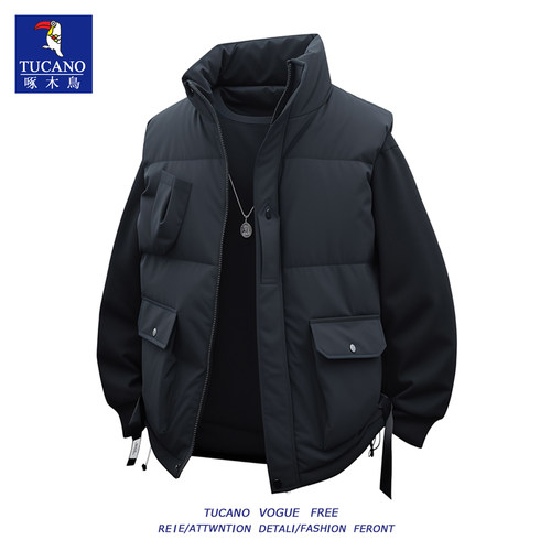 啄木鸟新款冬立领工装羽绒服马甲