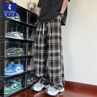 啄木鸟美式潮流复古格子直筒裤男宽松休闲长裤设计感中腰裤子男款