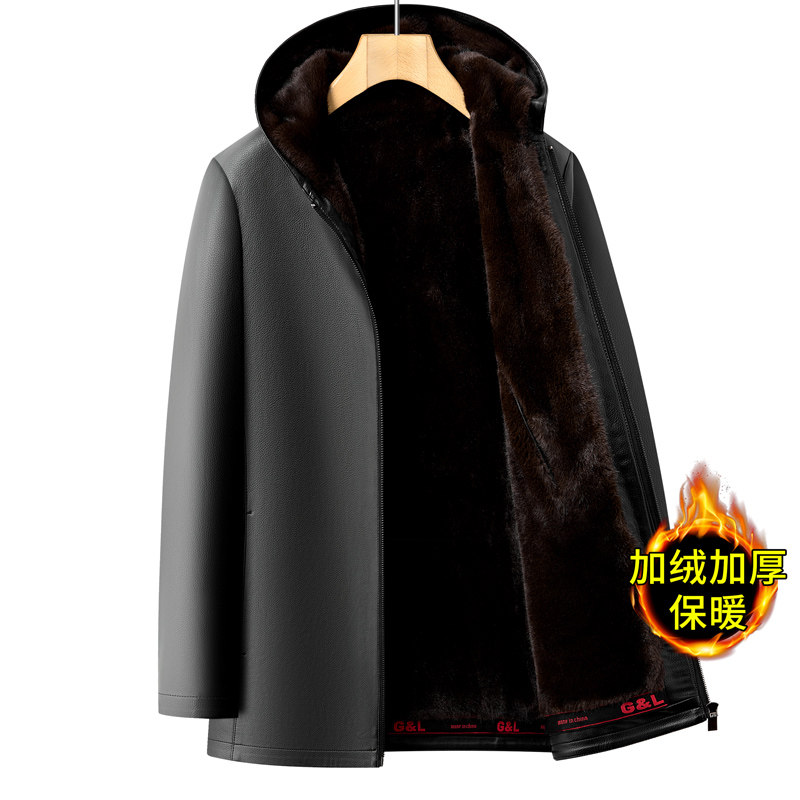 连帽皮衣外套男冬季加绒加厚保暖中老年爸爸款仿皮带帽子PU皮夹克