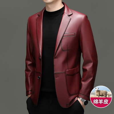 真皮皮衣男款2025新款爆款正品绵羊皮西装春秋冬季红色皮夹克外套