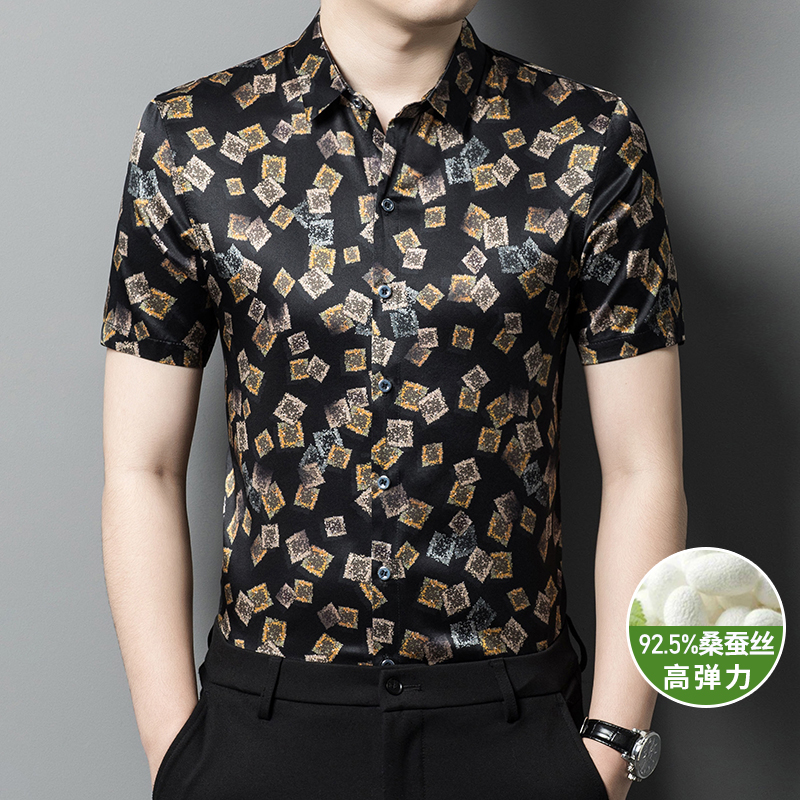 高档桑蚕丝男装短袖衬衫男士夏季时尚休闲高品质弹力真丝绸缎衬衣