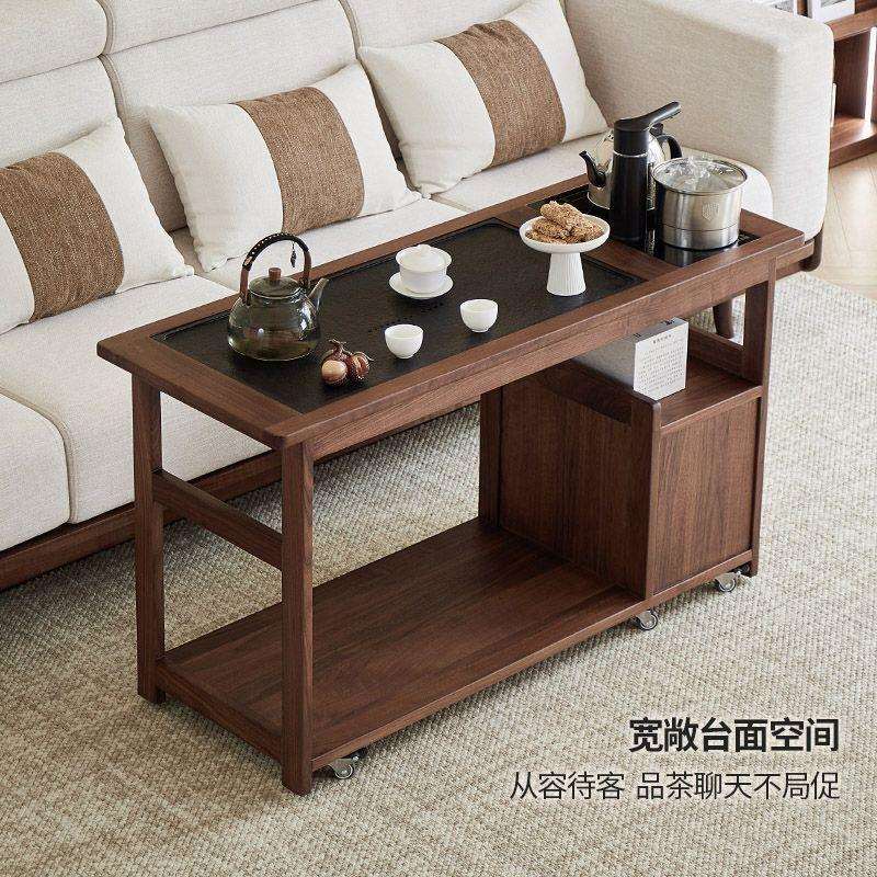 北美黑胡桃木茶台茶桌烧水壶一体桌简约实木可移动茶台家用茶水柜