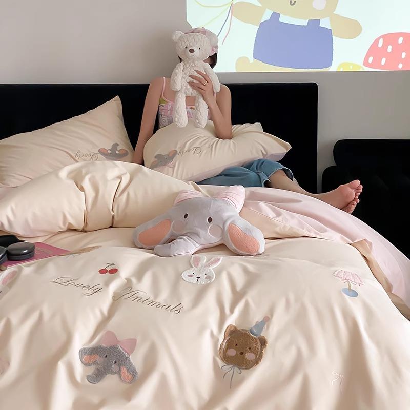 1秋冬季少女心100S全棉磨毛四件套可爱动物刺绣被套加厚床上用品