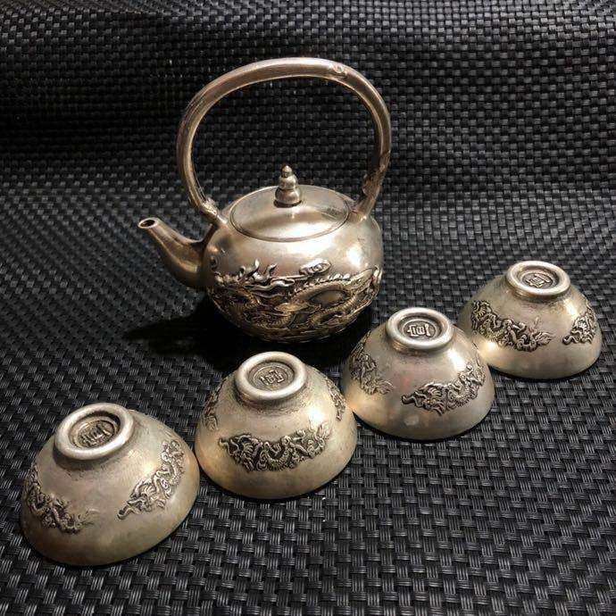 古玩杂项仿古做旧老白铜镀银打造茶杯茶壶一套