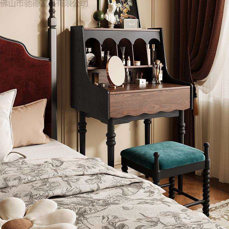 法式复古实木梳妆台中古风抽屉化妆桌凳子组合家用卧室床边化妆台