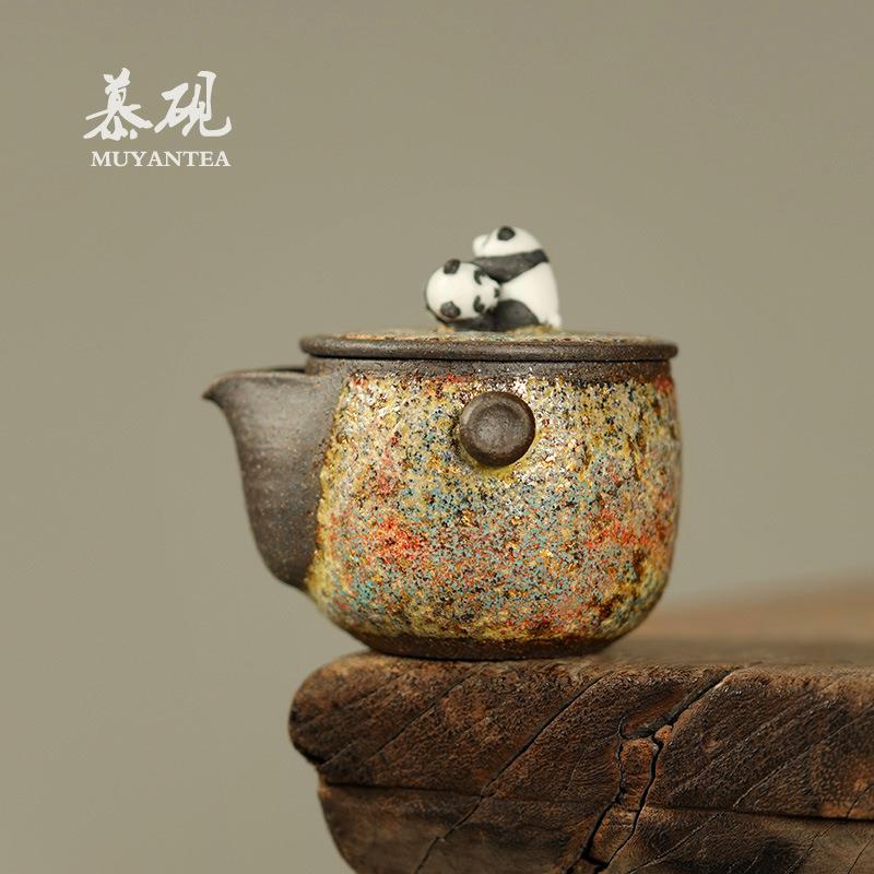 慕砚岩矿熊猫茶壶盖碗高越柴烧纯手工宝瓶创意老岩泥茶具手抓单壶