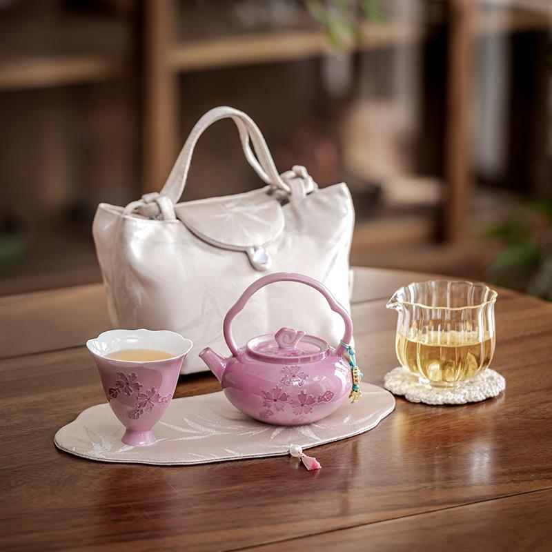粉色釉浮雕一壶一杯两杯主人茶杯茶壶单个家用旅行便捷套装收纳袋