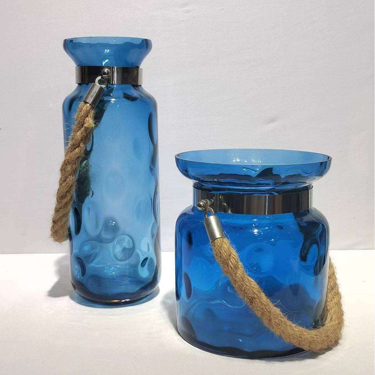 现代简约蓝色带麻绳玻璃花瓶摆件家居样板房桌面插花装饰品摆件