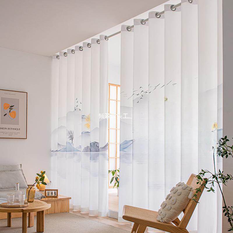 窗帘纱帘飘窗白纱透光不透人免打孔安装杆书房隔断帘中国风山水画