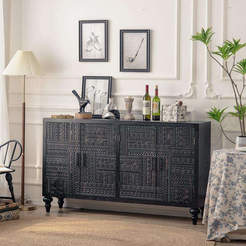 美式复古刻印雕花边柜黑金擦色做旧收纳柜大容量餐边柜客厅斗柜