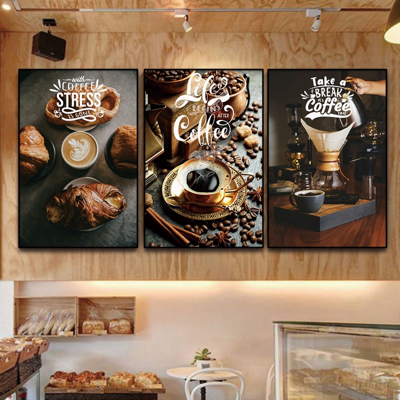 咖啡店挂画复古coffee拉花咖啡豆装饰画个性烘焙面包奶茶店壁画