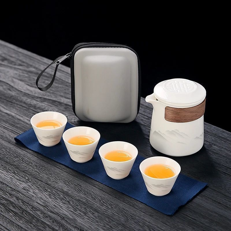 芸菲汇玉瓷墨彩山水旅行茶具便携式户外车载泡茶器一壶四杯喝茶杯