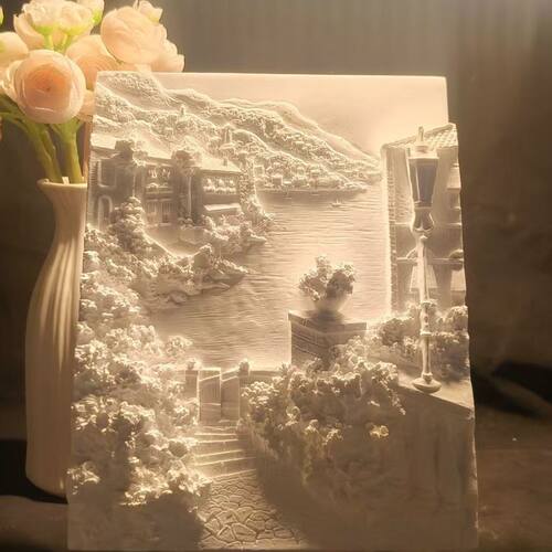 欧式水岸小镇立体浮雕画纯白石膏肌理装饰画客厅玄关艺术壁挂摆件