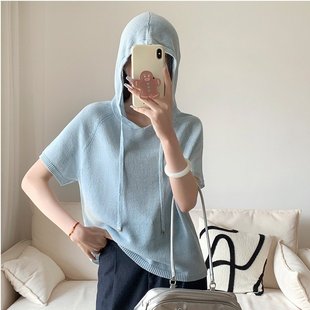 薄款 短袖 慵懒学 和纸纱帽衫 透气舒适显瘦外搭上衣 针织衫 女25夏季