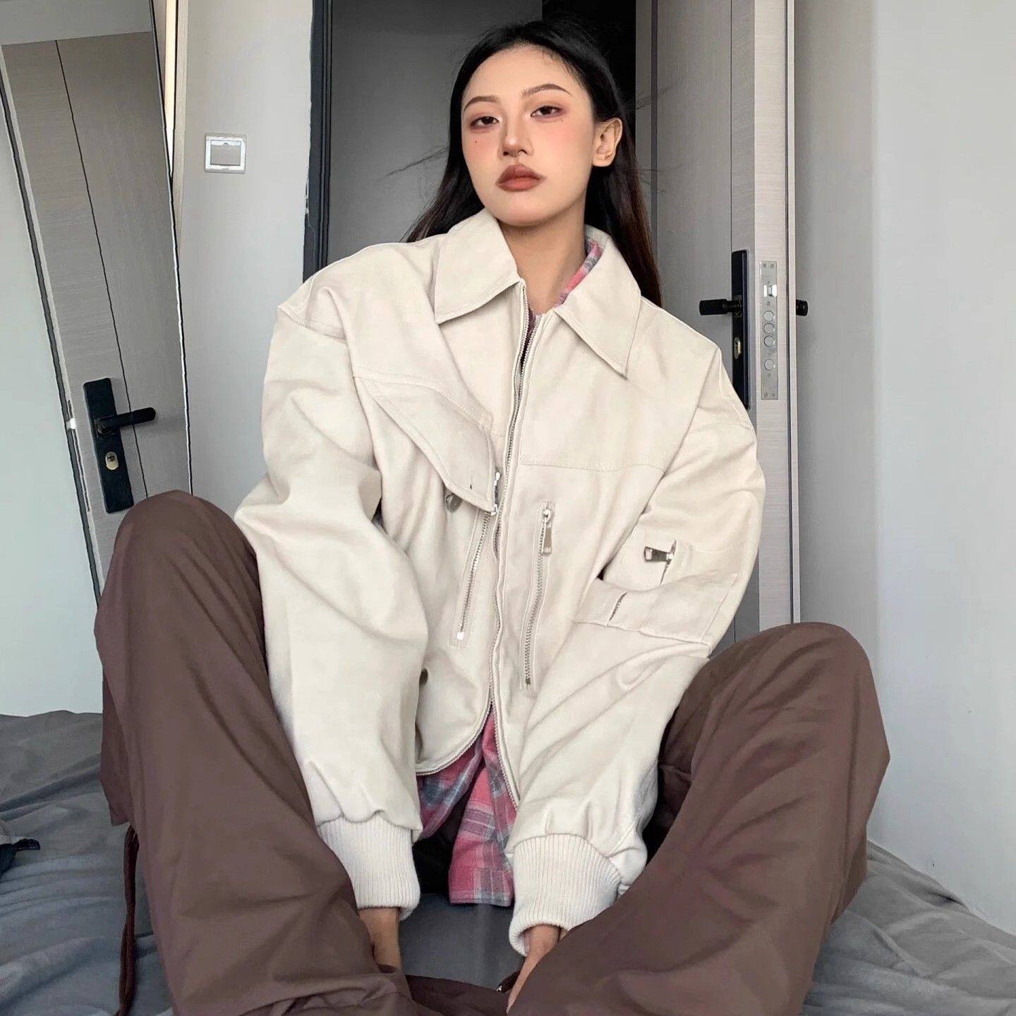 大码原宿风手袖爱心环扣拼接pu皮衣外套女2026春秋新款机车服夹克
