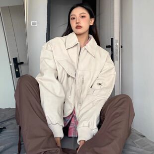 大码原宿风手袖爱心环扣拼接pu皮衣外套女2026春秋新款机车服夹克
