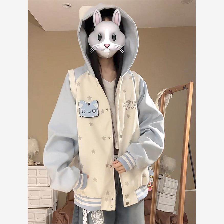 宅萌可爱猫咪魔术贴撞色刺绣连帽卫衣外套女春秋季百搭棒球服夹克