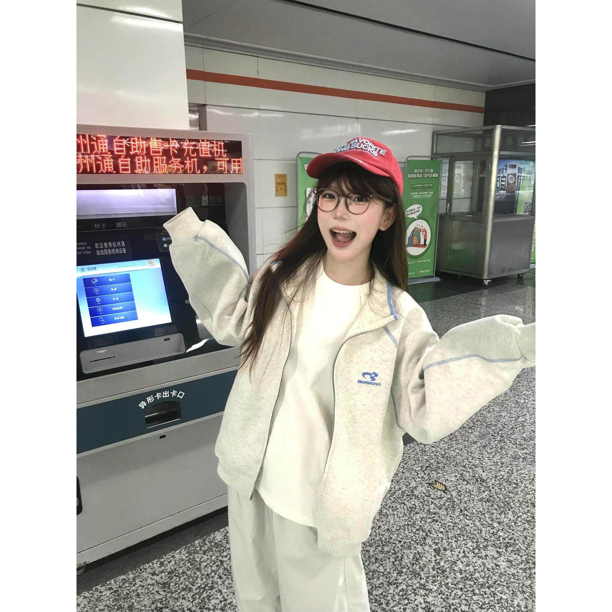 美式复古哈苏线刺绣卫衣女大童2026秋冬新款初中高中学生开衫外套