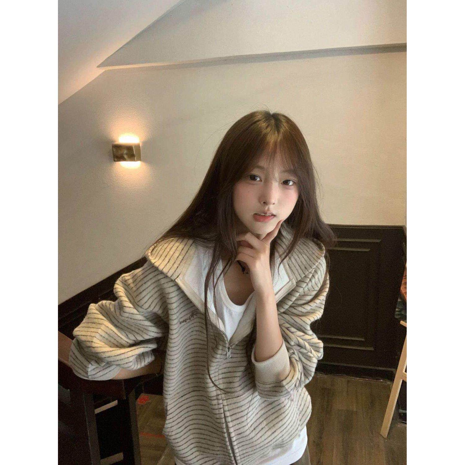 韩系条纹开衫连帽卫衣女秋冬季2026新款宽松慵懒风情侣拉链外套潮