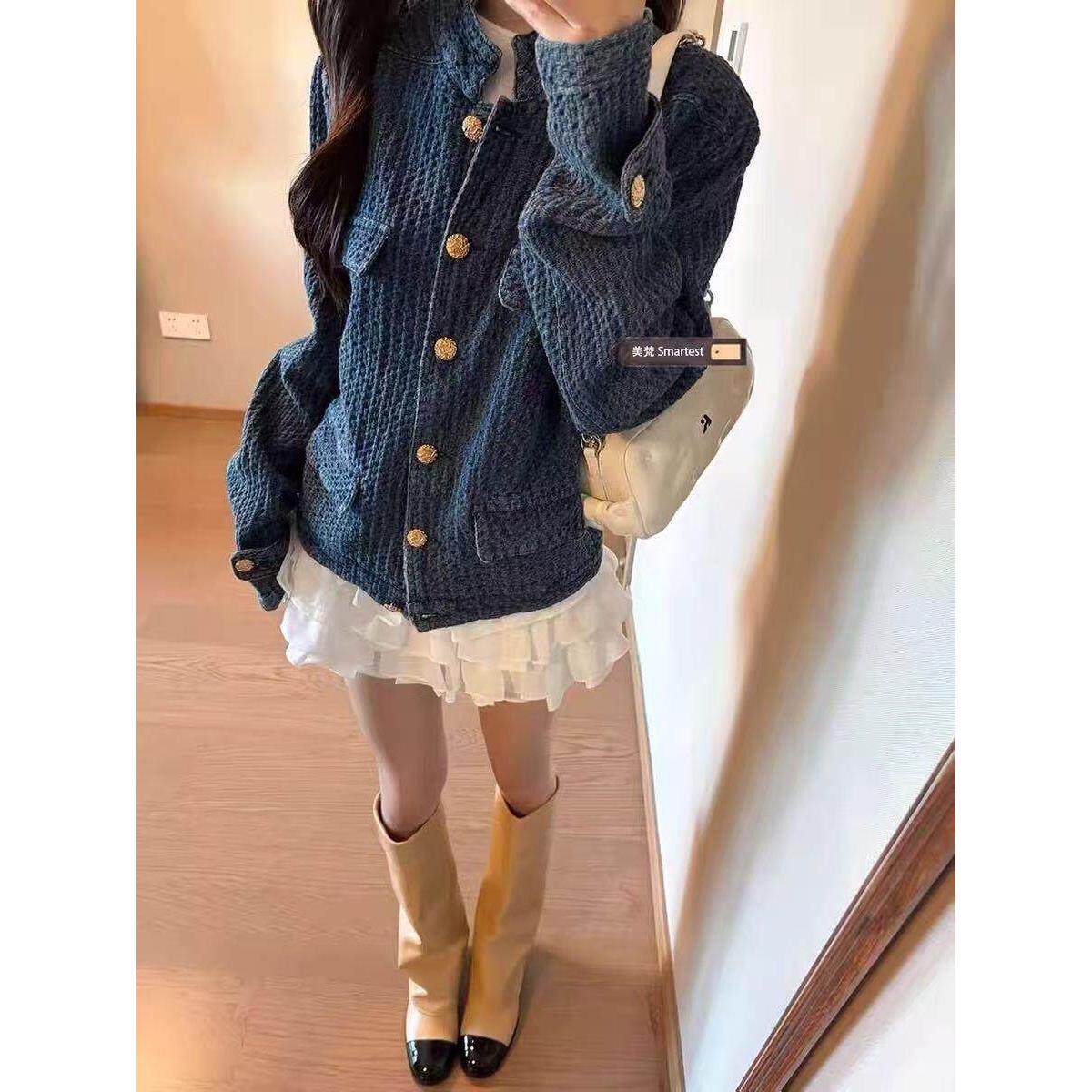 复古蓝色调肌理感牛仔小香风外套女春秋款宽松设计感小众立领夹克