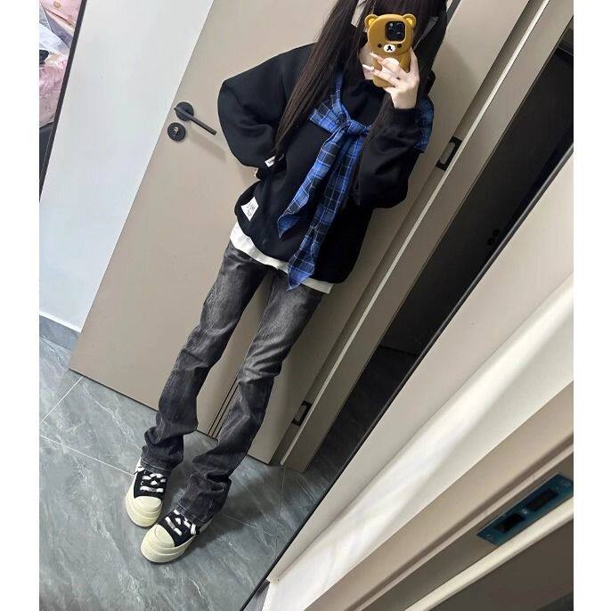 美式高街vibe风水洗黑闪电纹牛仔裤男款cleanfit修身直筒显瘦裤子