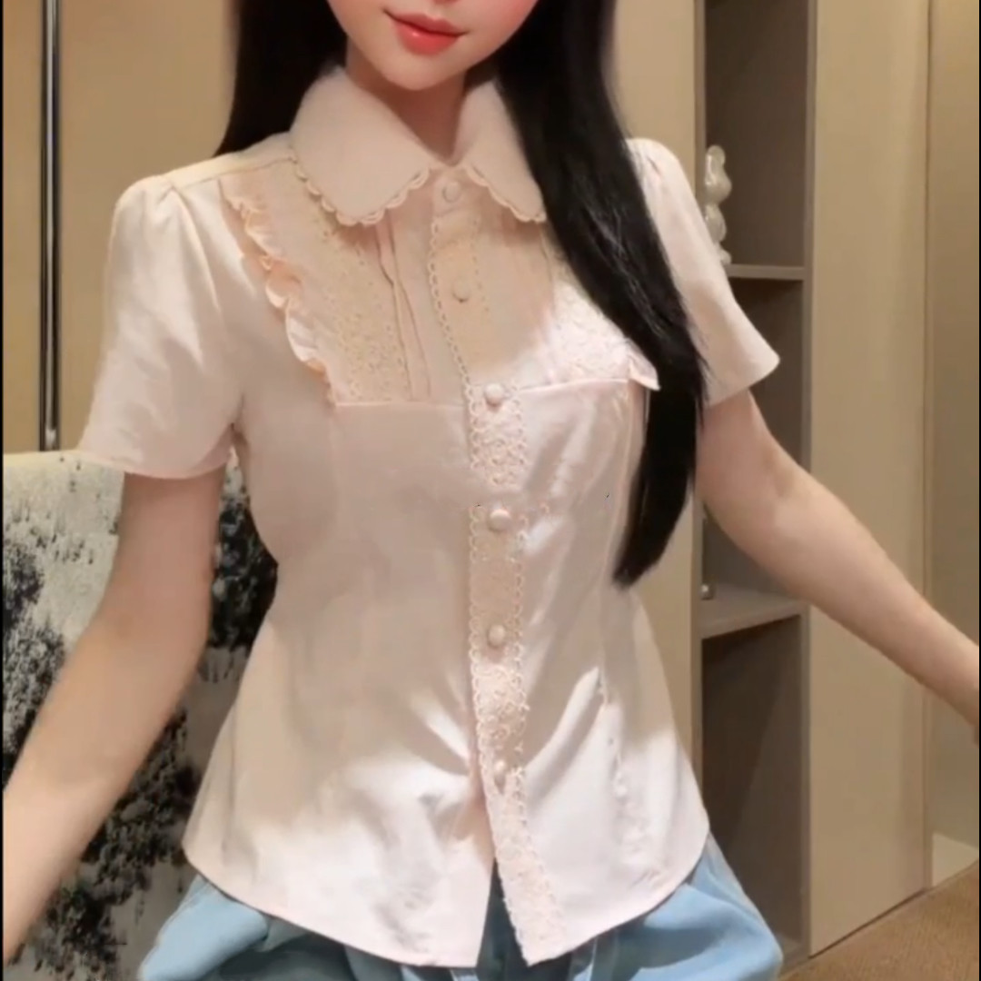 夏季甜美粉色短袖衬衫显瘦百搭