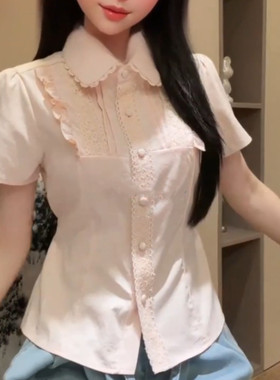 夏季甜美粉色短袖衬衫显瘦百搭