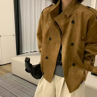 美式复古立领鹿皮绒夹克女上衣单扣短款休闲外套女26早春新款百搭