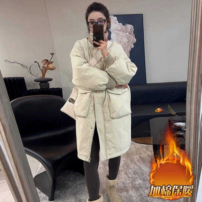 欧洲站中长款收腰立领大口袋棉衣女2025冬季新款韩版加棉棉服外套