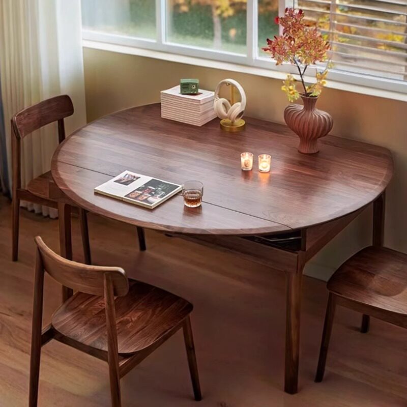 黑胡桃之家黑胡桃伸缩折叠圆桌子