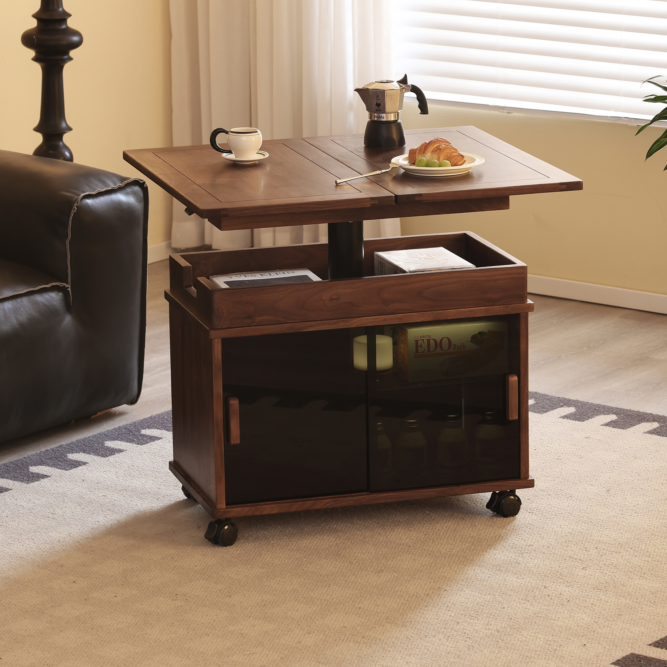 黑胡桃之家全黑胡桃实木升降茶几