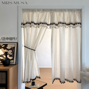 法式氛围感唯美门帘棉麻透光不透人窗帘带帘头免打孔装饰帘遮挡帘