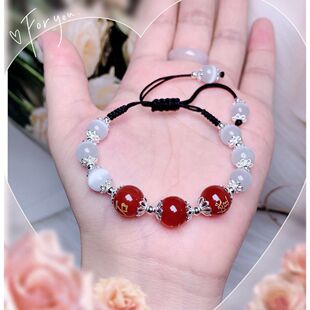 定制刻字红玛瑙搭配强光猫眼石全手工编织手链手绳情侣闺蜜款