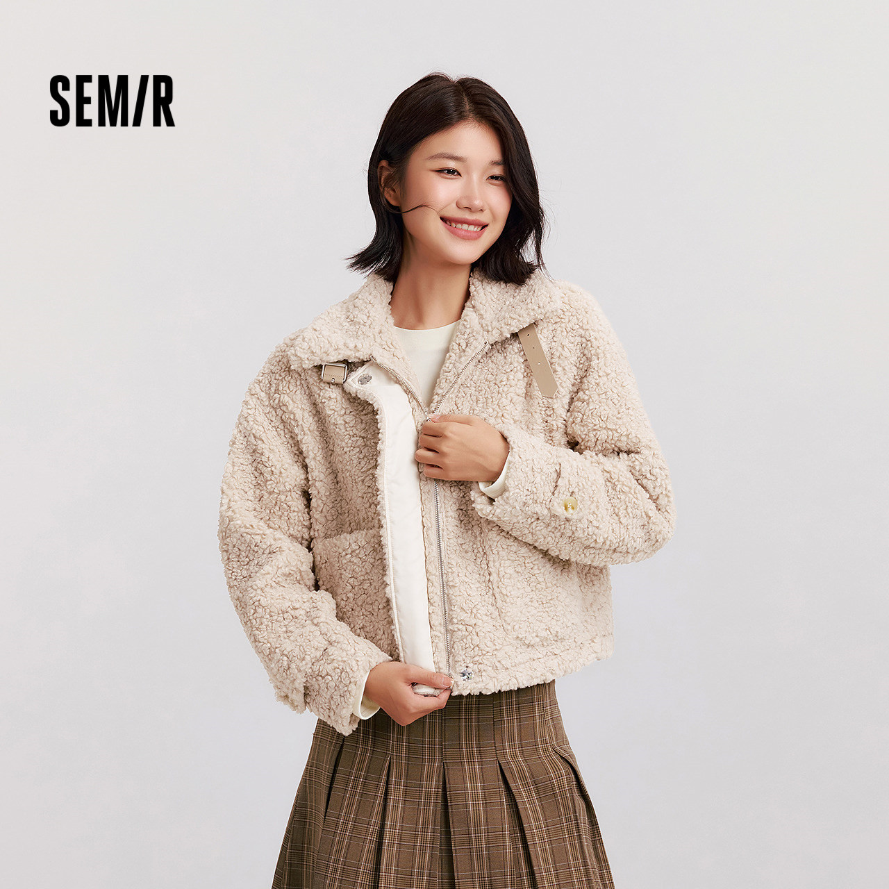 森马温柔仿羊羔毛立领宽松外套女