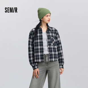 两件套101125105012 女短背心宽松格纹衬衣2025春季 森马长袖 衬衫