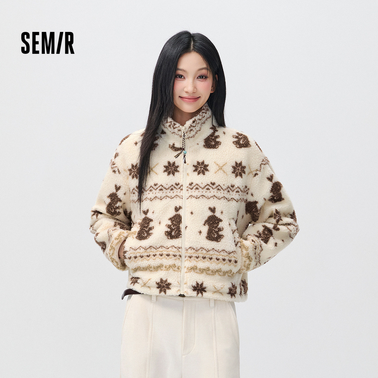 森马提花仿羊羔毛立领宽松外套女