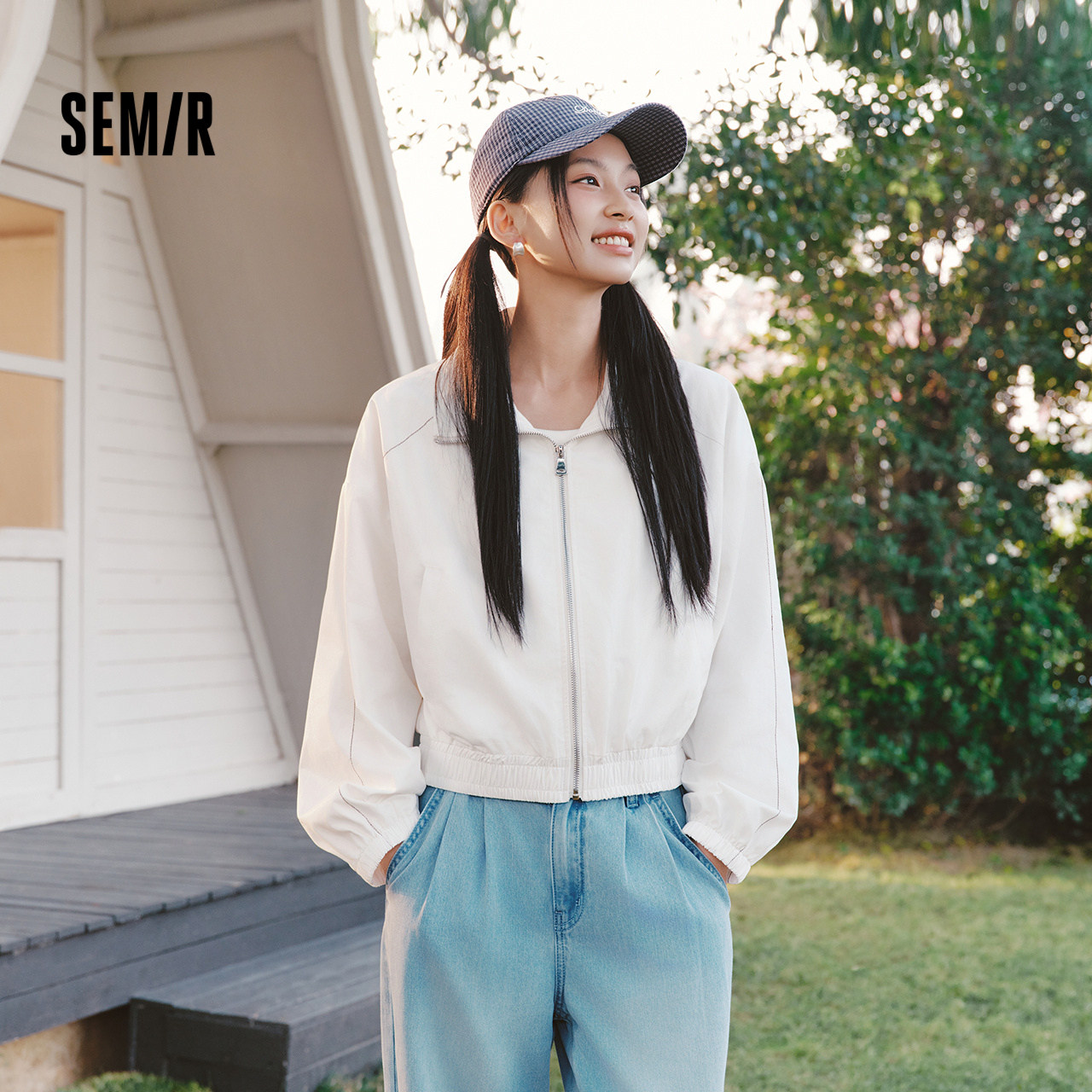 森马酷飒风白色宽松明线短外套女