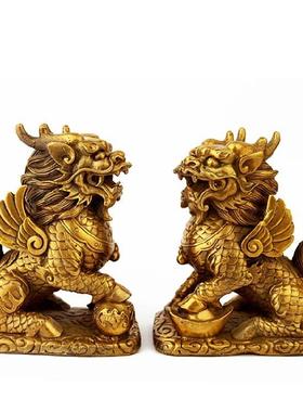 黄铜麒麟摆件一对客厅酒柜装饰品送子瑞兽家用办公室礼品铜制