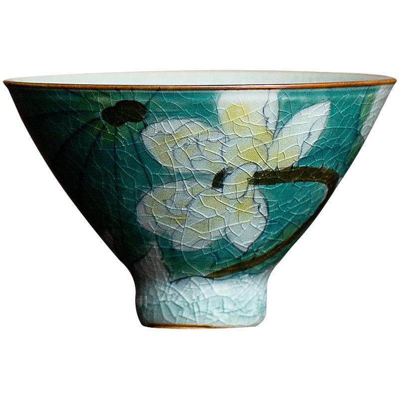 手绘冰裂荷花斗笠品茗杯主人杯家用泡茶碗釉下彩开片茶碗功夫茶具,餐饮具,茶杯,淘宝优惠券,粉丝福利购,淘宝优惠卷