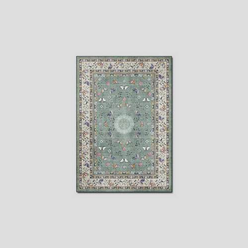 美式复古优雅田园蝴蝶花卉淡蓝色客厅卧室床边防滑地毯地垫