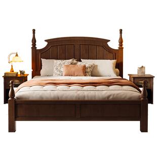 美式复古实木床简约现代小户型1米8双人1.5m胡桃色法式南洋风床架