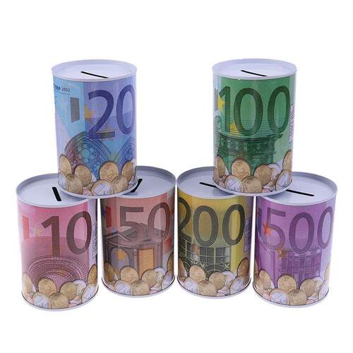Creative Tinplate Cylinder Piggy Bank Euro Dollar Picture Bo