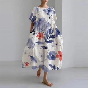 Loose round neck high-end short sleeved printed dress