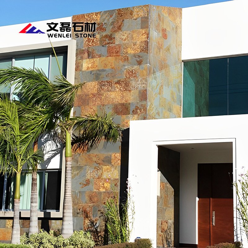 锈色青石板岩板地板石砖墙砖300600锈板室内外黄色石材岩板文化石图片