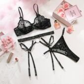 2025夏季 女 内衣套装 新款 网布聚拢吊带心形蝴蝶结金属环吊袜带内裤