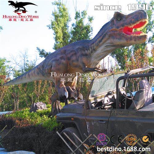 户外仿真恐龙模型仿真霸王龙脚踩吉普车大型机械电动恐龙摆件.