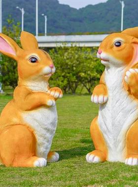 户外仿真兔子雕塑玻璃钢花园庭院草坪园林装饰景观白菜发光兔摆件